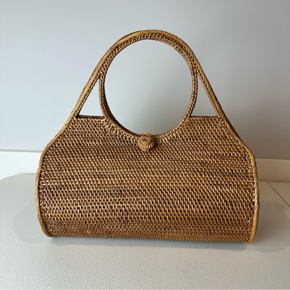 Shiva Urban Handbags - Shiva Urban Tan Brown Handwoven Bali Rattan Bucket Fabric Cinched Purse Handbag
